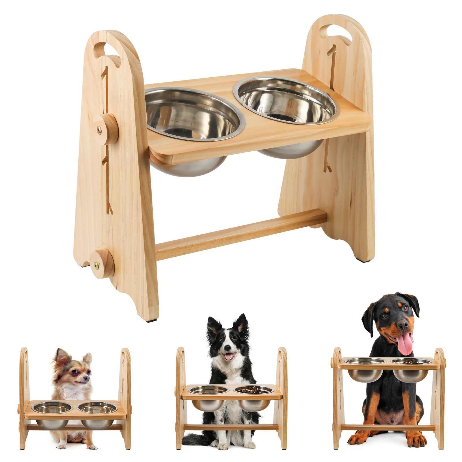 Elevated Dog Bowls for Medium Large Sized Dogs, Adjustable Heights Raised Dog Feeder Bowl with Stand for Food & Water Doba Wood